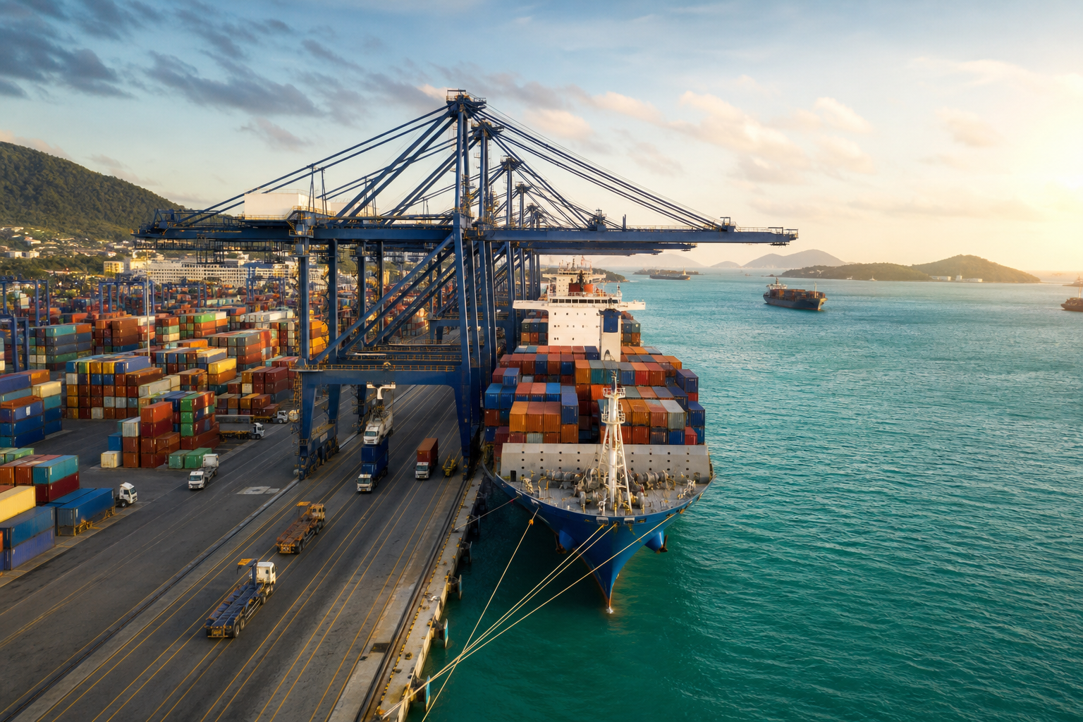 Puerto con contenedores y buque de carga para operaciones marítimas